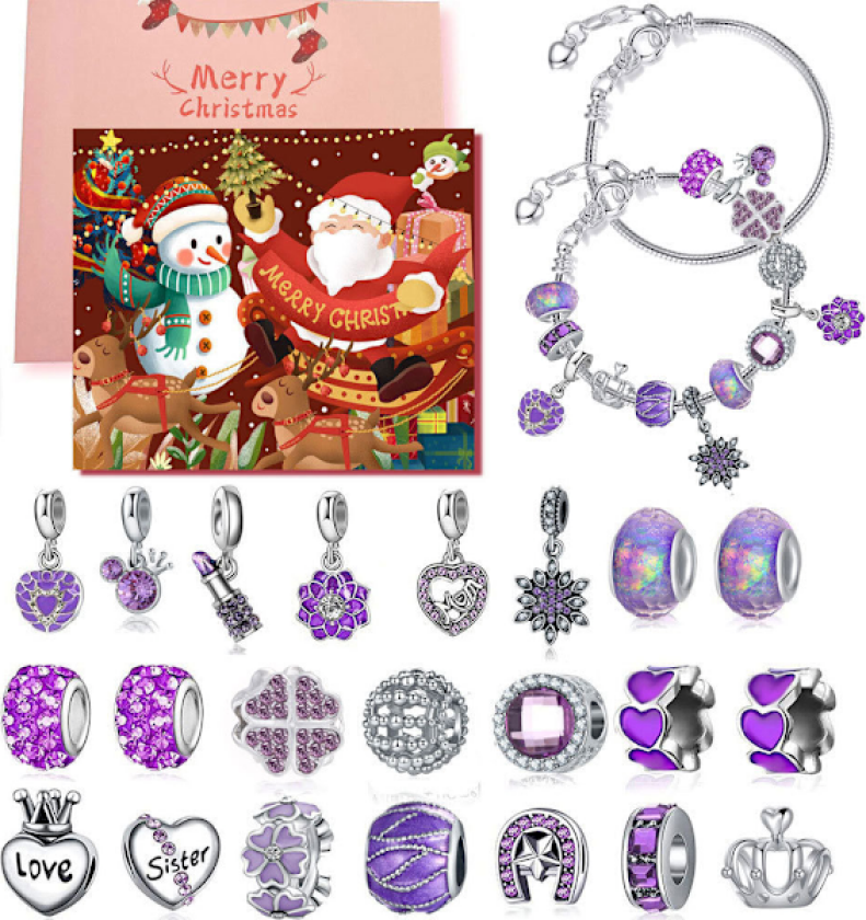 24 stk Adventskalender, DIY Julearmbåndsett 24 Dagers Nedtelling Sjarm Smykker Blindboks Julepynt for Barn Lilla