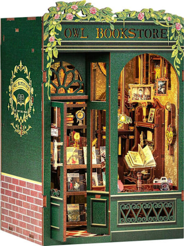 DIY Bokhjørne Kit - Miniatyr Tre Dukkehus med Møbler og LED Lys - Ugle Bokhandel