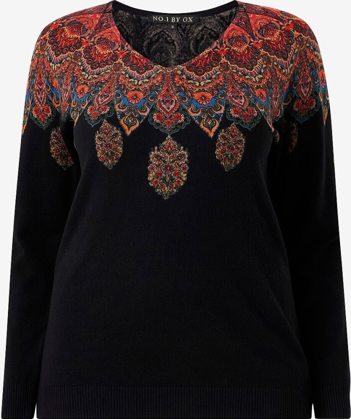 Pullover Knitted V Neck w Print - Svart
