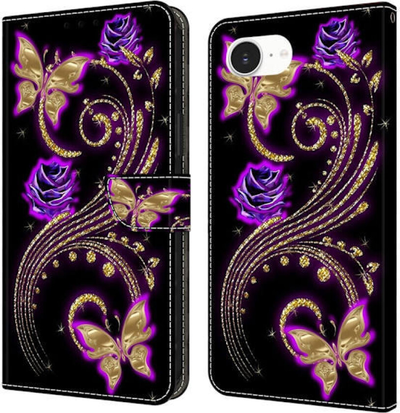 iPhone 16e-etui 3D-mønster Vegansk lær lommebok telefondeksel med stativ - Lilla Blomster / Sommerfugler