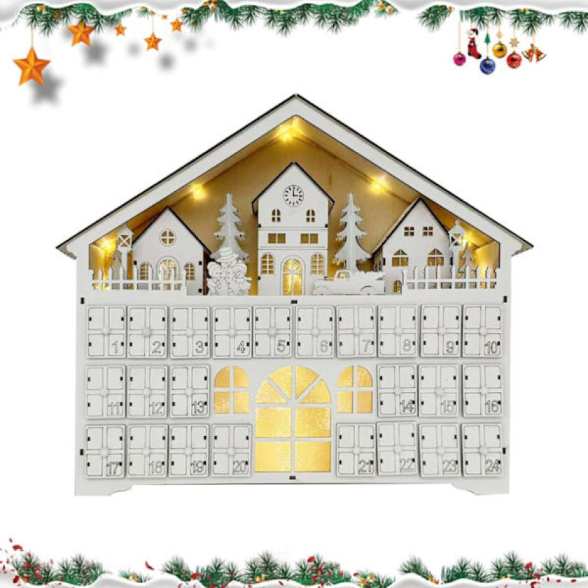 2024 Adventskalender i tre med LED - 24 skuffer, musikk og lys, juledekorasjon for barn (A)