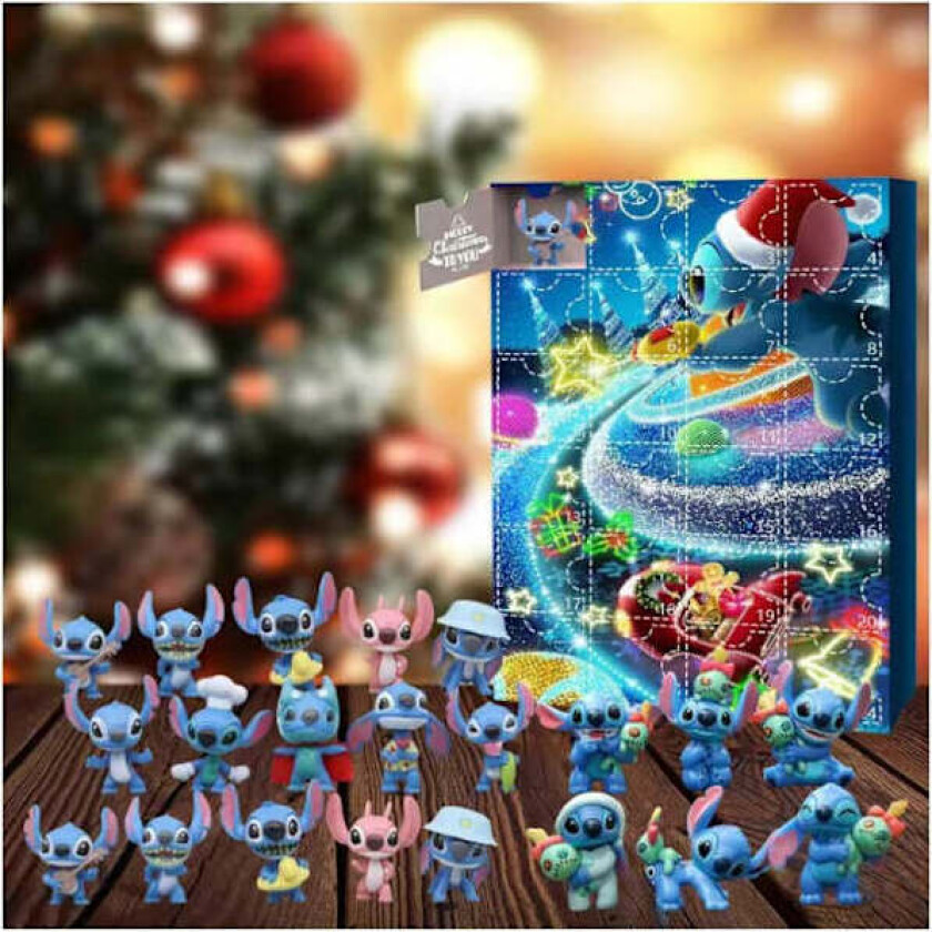 Adventskalender 2025 med 24 blindbokser, inkludert en adventskalender, en Halloween-kalender, en Stitch-kalender og en Lilo & Stitch-kalender