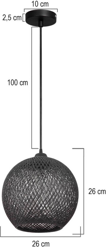 Hengelampe Yumak, svart, Ø 26 cm, tau, 1 lyskilde