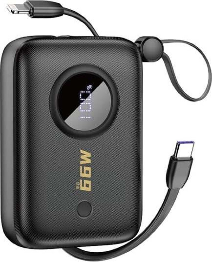 K14 10000mAh power bank with USB-C / Lightning cables - black Nødlader - Svart - 10000 mAh