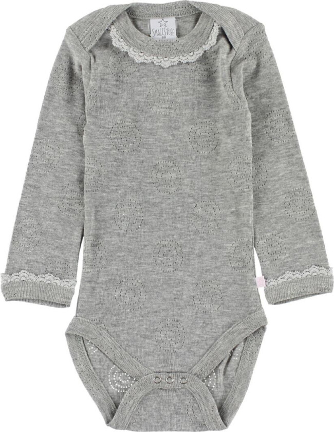 Body - L/Æ - Grå Melert m. Hullmønster/Snørekant - - 62 - Langermet Body