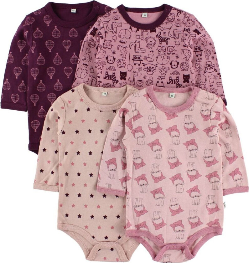 Pippi Bodyer L/Æ - 4-pack - Rosa/Lilla m. Mønster - Pippi Baby - 1½ år (86) - Langermet Body