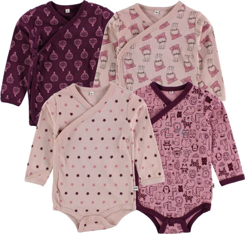 Slå-Om Bodyer - 4-pack - Mørk lilla/Rosa m. Trykk - - 56 - Langermet Body