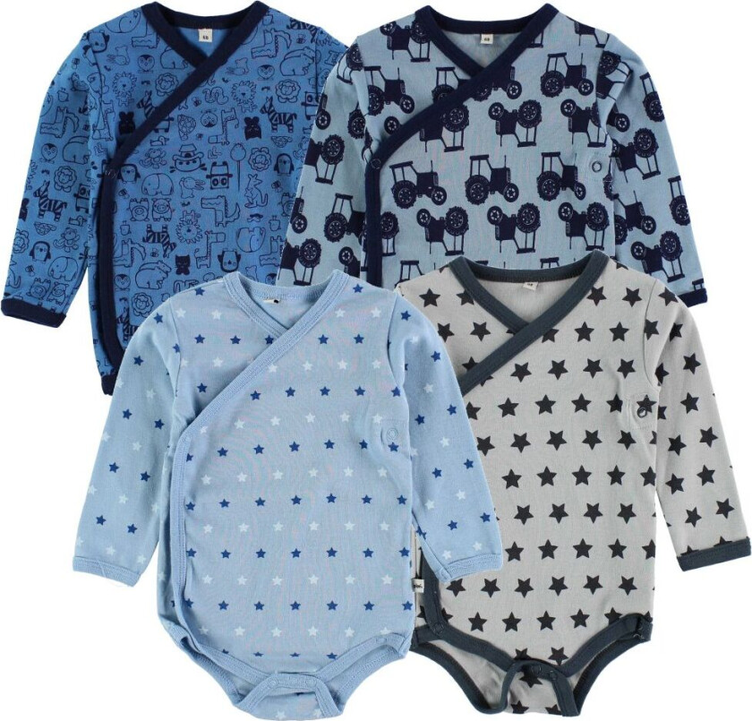 Slå-Om-Bodyer - 4-pack - Blå/grå m. Trykk - - 50 - Langermet Body
