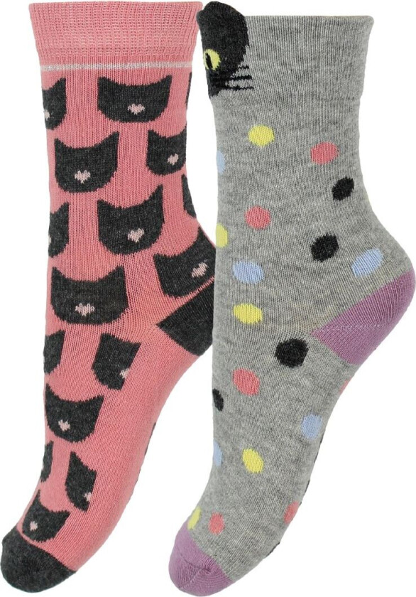Sokker - 2-pack - Grå Melert/Rosa m. Kat - - 15/16 - Sokker