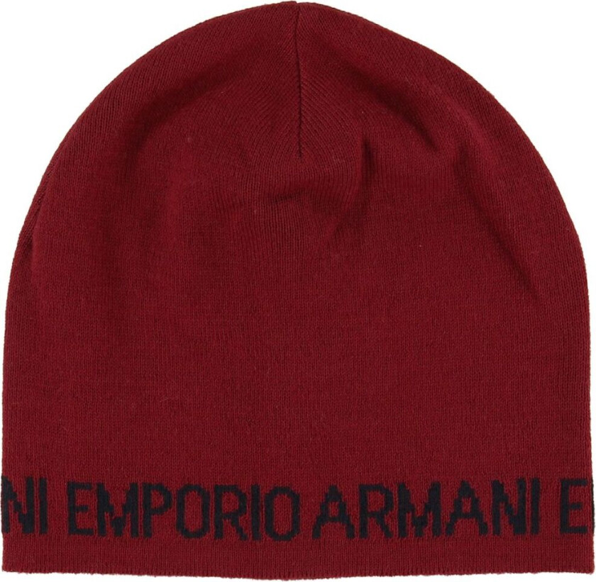 Strikkelue - Ull/Akryl - Mørk Rød m. Tekst - - 12-14 år (152-164) - Lue