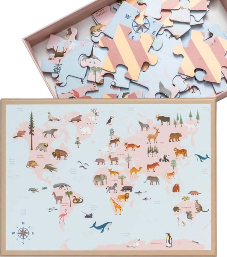 Puslespill - World Map Dyr - 42 Brikker - - OneSize - Puslespill