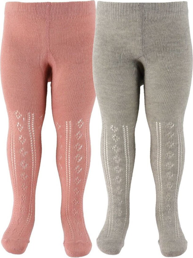 Strømpebukser - 2-pack - Lysegrå Melert/Rosa m. Hullmønst - - 128/134 - Strømpebukser