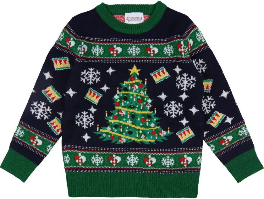 s Genser - Juletre - Strikk - Navy/Grønn - - 5-6 år (110-116) - Genser