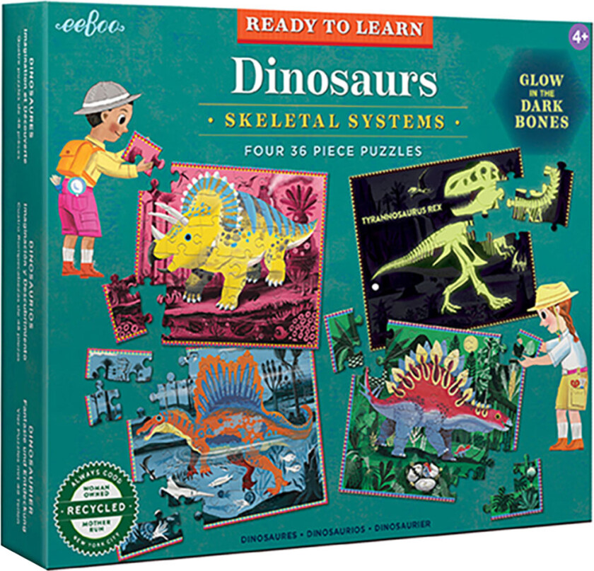 Puslespill - Lys I Mørken - 4x36 Brikker - Dinosaurer - - OneSize - Puslespill