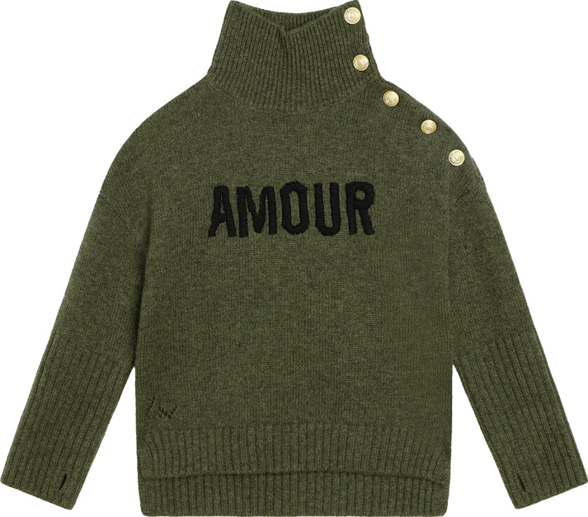 Genser - Ull - Grønn Melert m. Tekst/Knapper - - 8 år (128) - Genser