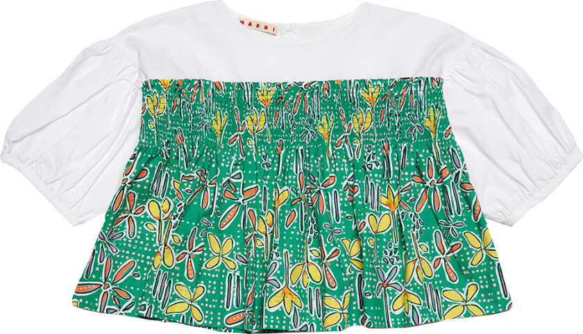 Skjortebluse - Hvit/Grønn m. Blomster - - 4 år (104) - Genser