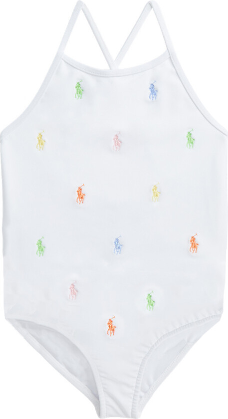 Badedrakt - Hvit m. Logoer - - 7 år (122) - Badetøy