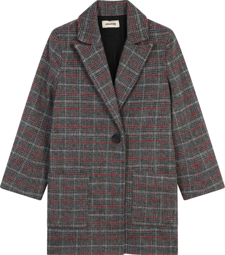 Frakk - Akryl/Ull - Grå Rutet m. Rød - - 14 år (164) - Vinterjakke