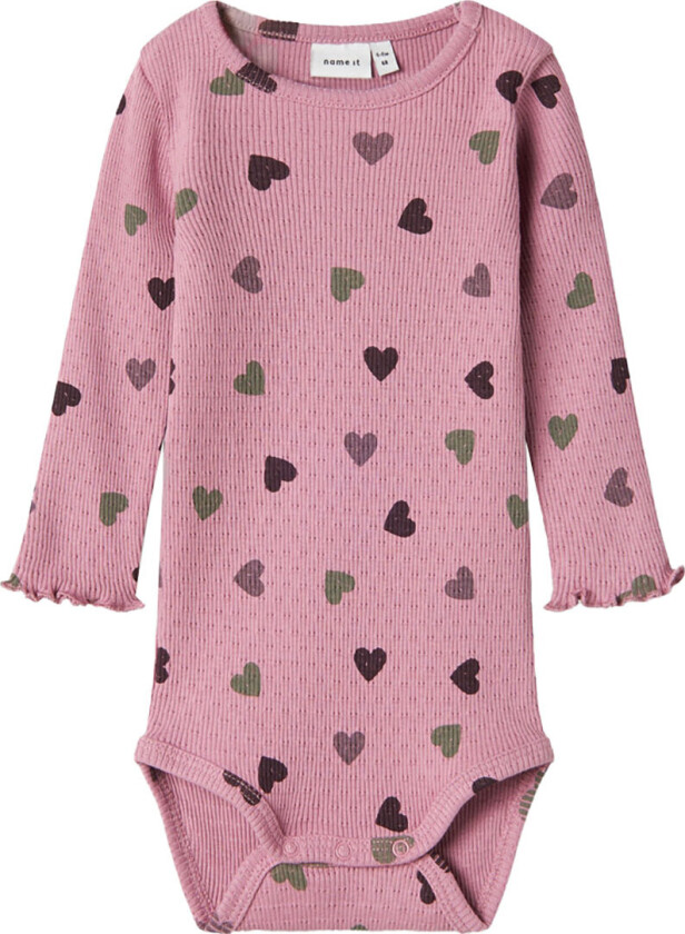 Body L/æ - Rib - NbfNitte - Mauve Orchid m. Hjerter - - 50 - Langermet Body