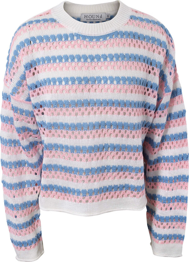 Genser - Strikk - Rosa/Hvit/Blå Stripet m. Hullmønster - - 14 år (164) - Genser