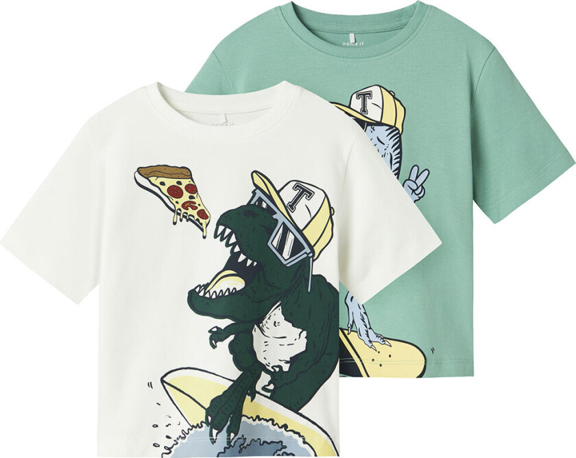 T-skjorte - 2-pack - NmmDino - Cloud Dancer/Krem de ment - - 1 år (80) - T-skjorte
