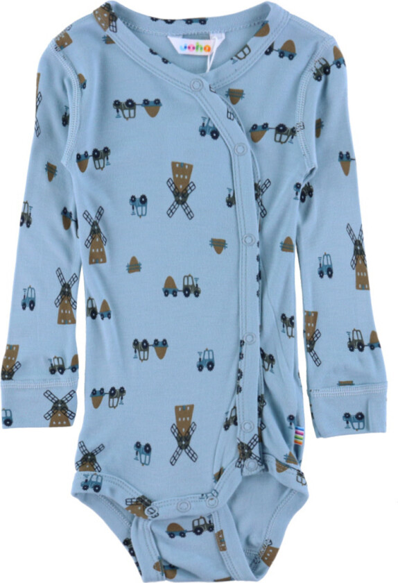 Omslagsbody I/e - Bambus - Blå m. Vindmølle - - 40 - Langermet Body