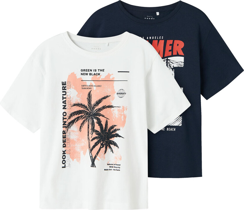 T-skjorte - 2-pack - NkmVagno - Bright White/Navy Blazer - - 7-8 år (122-128) - T-skjorte