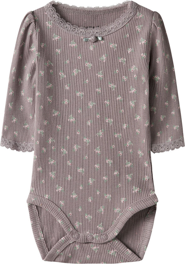 Body I/e - Rib - NbfHoise - Purple Dove m. Blomster - - 56 - Langermet Body