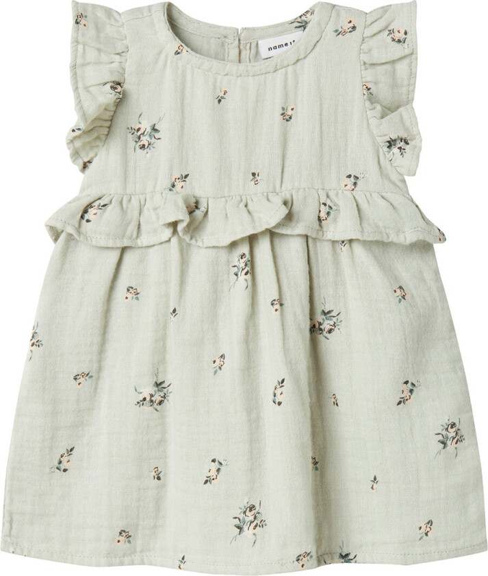 Kjole - Muslin - NbfHikka - Aqua Grå m. Blomster - - 50 - Kjole