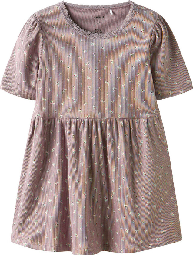 Kjole - Rib - NmfHoise - Purple Dove m. Blomster - - 4 år (104) - Kjole