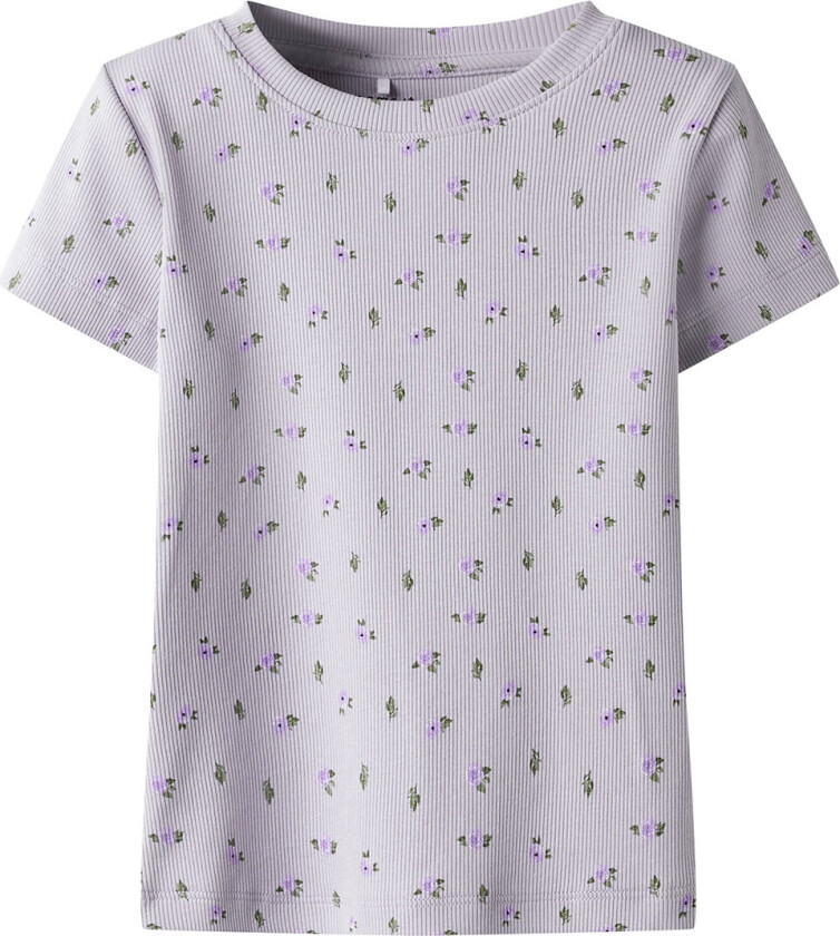 T-skjorte - Rib - NmfHofie - Tåkete Lilac m. Blomster - - 3 år (98) - T-skjorte