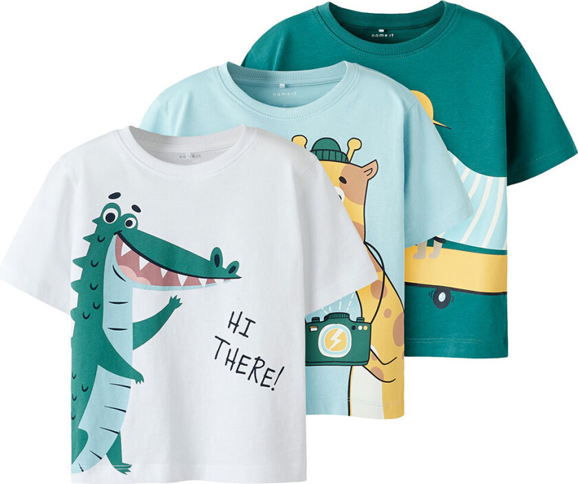 T-shirts - NmmHelge - 3-pack - Lucent White/W Aquatic/De - - 6 år (116) - T-skjorte