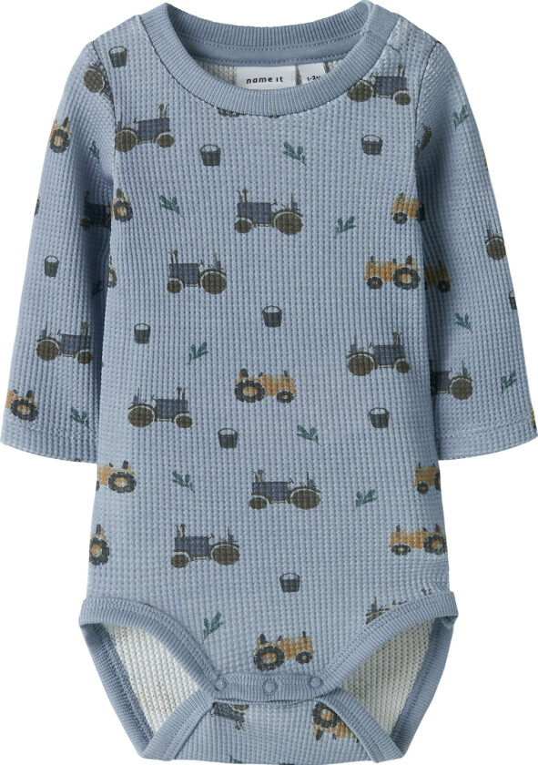 Body I/e - Vaffelstoff - NbmLactor - Dusty Blue m. Trykk - - 50 - Langermet Body