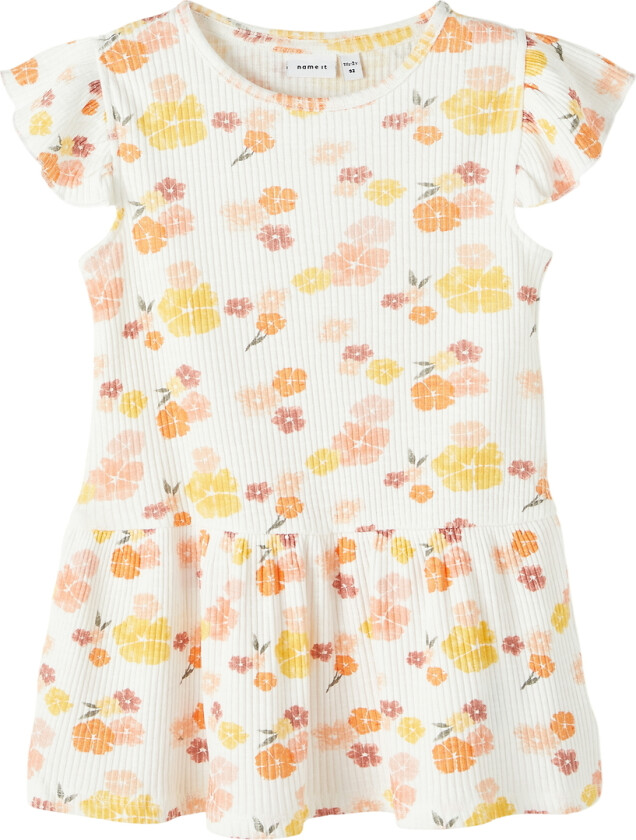 Kjole - NmfPhalia - Rib - Bright White m. Blomster - - 4 år (104) - Kjole