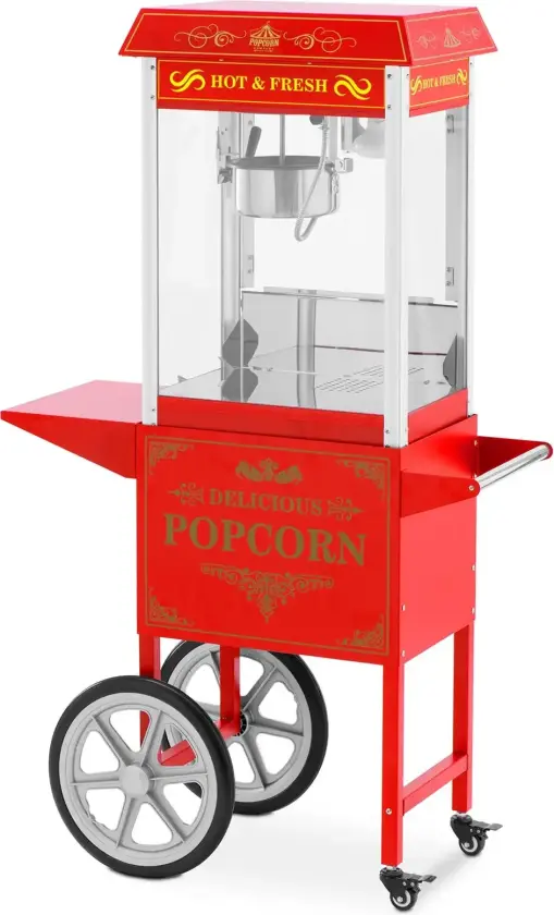 Bilde av Popcornmaskin med vogn - Retrodesign - 150 / 180 °C - rød - Royal Catering