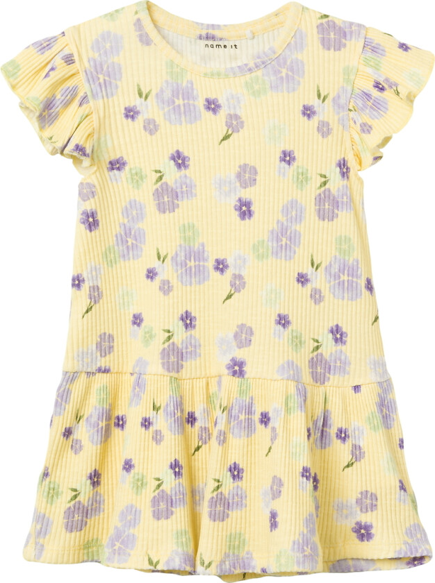 Kjole - Rib - NmfPhalia - Double Cream m. Blomster - - 3 år (98) - Kjole