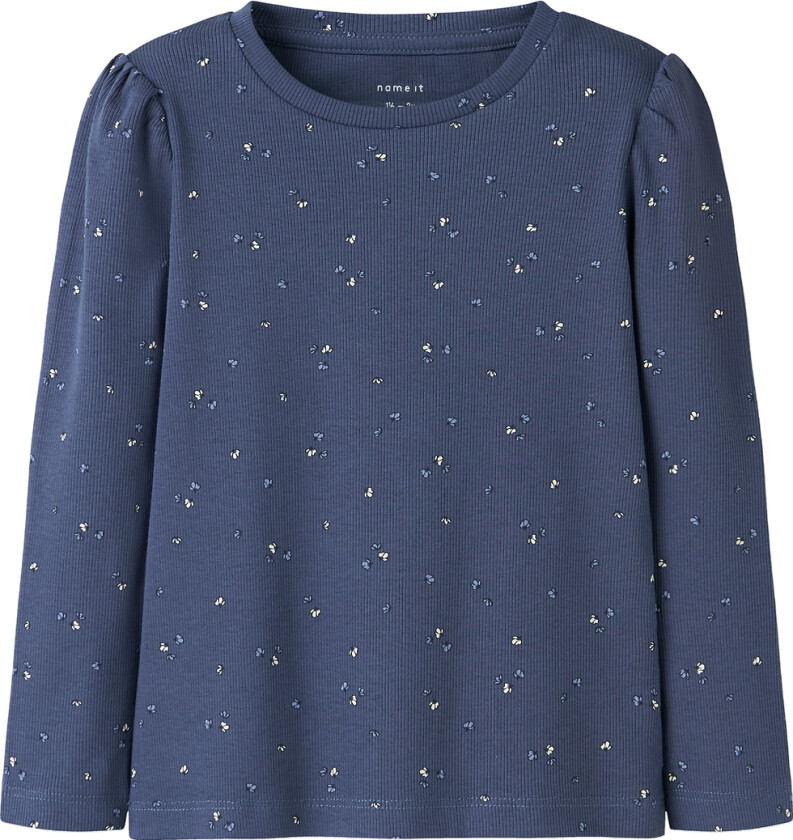 Genser - Rib - NmfNelia - Blue Indigo m. Blomster - - 4 år (104) - Genser