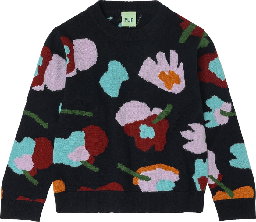 Genser - Strikk - Ull - Blomst - Dark Navy - - 110 - Genser