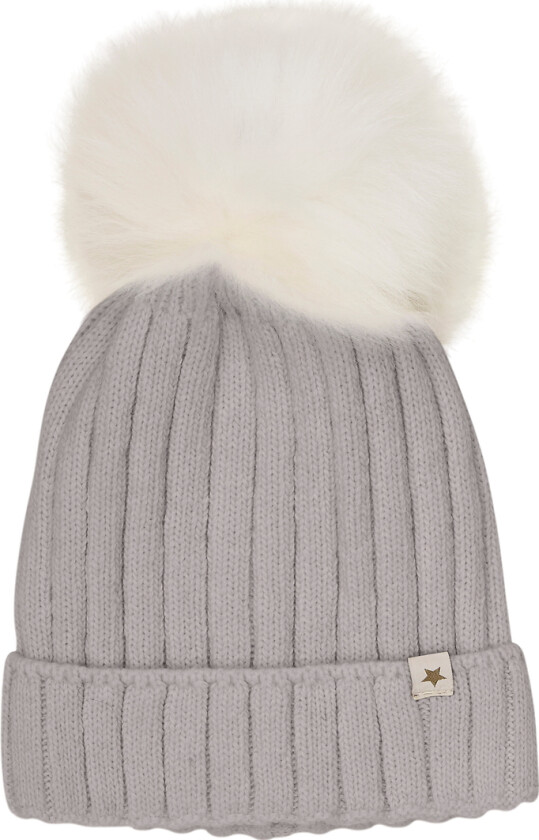 Lue - Ull/Bomull - Strikk - Medium+ Grå Melert m. Dus - - 4-6 år (104-116) - Lue