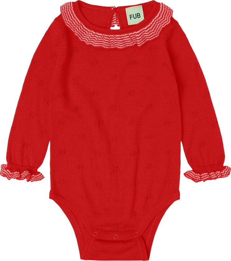 Body I/e - Ruffle - Strikk - Ull - Signalrød m. Hullmønster - - 68 - Langermet Body