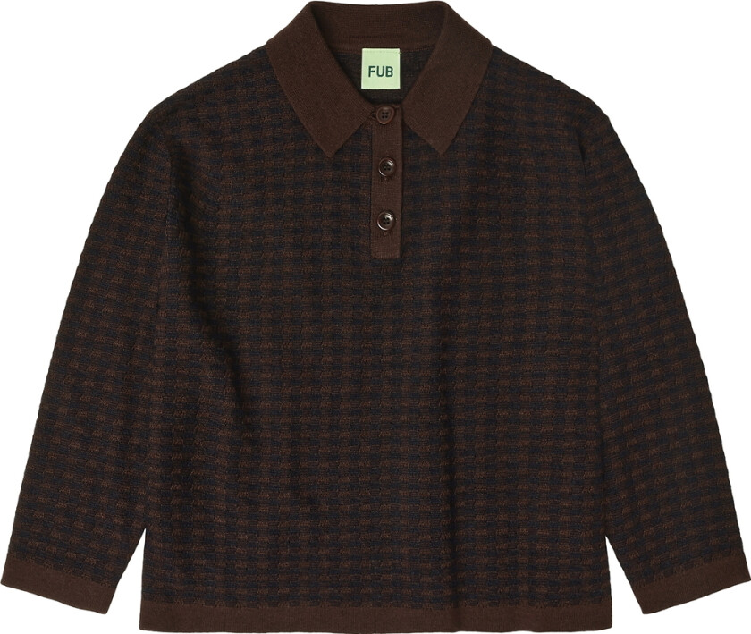 Poloskjorte - Strikk - Ull - Rutete - Mocca/Dark Navy - - 120 - Genser