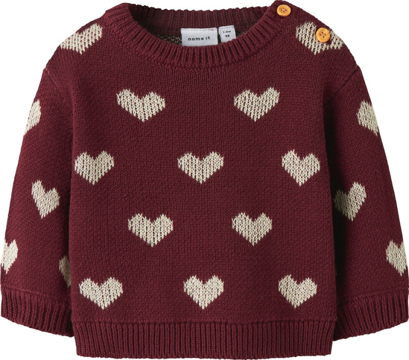 Nmae It Genser - Strikk - NbfOana - Burgundy/Peyote Heart - Name It - 68 - Genser