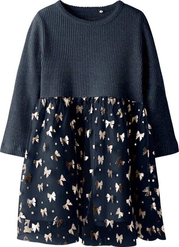 Kjole - Rib/Tyl - NmfRosally - Navy Blazer m. Trykk - - 3 år (98) - Kjole