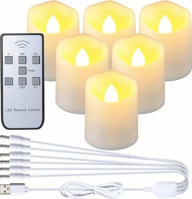 Oppladbare LED-lys, 6-pakning flammeløse lys med fjernkontroll, flimrende telys med USB-ladekabel for Halloween Hjem-XF6--tfrf