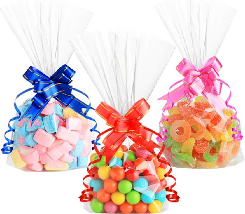 Gjennomsiktige cellofanposer 100 stk 15x25 cm med bunn for godteri gaver kompatible med 100 gavebånd