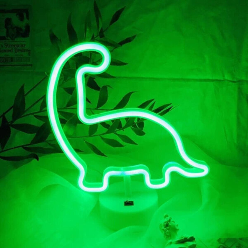 LED Neon Nattlampe med USB og Batteri Grønn Dinosaurform La