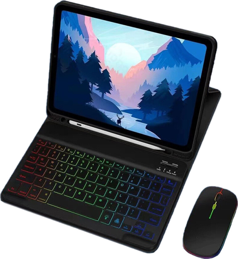 iPad 12.9" Tastaturveske - Blått Lærdeksel med RGB Bluetooth-tastatur og Lysende Mus (Høykvalitets Yizhaowei)