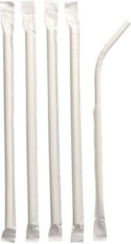Papirsugerør hvite bøyelige 20 cm enkeltpakket. 100-pakning