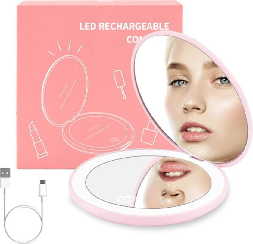LED Sminkespeil med Lys, 1x/10x Forstørrelse, Justerbar Lysstyrke, Dobbeltsidig Sammenleggbart Sminkespeil for Håndvesker, Lommebøker, Lommer - Rosa