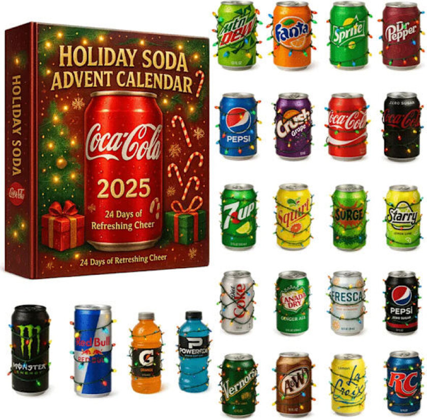Fuleadture Adventskalender 2025 Soda/Cola – 24 dagers 2D akrylfigurer julekalender med brus | Perfekt julegave